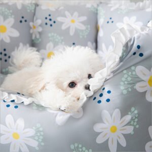 Perro acostado sobre la cama para perros cómoda y colorida de color gris