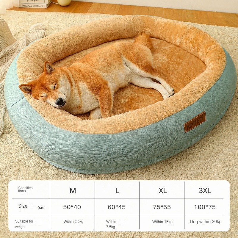 cama-redonda-raijuu-37.jpg Perro sobre la Cama verde para perros redonda muy suave con cojin