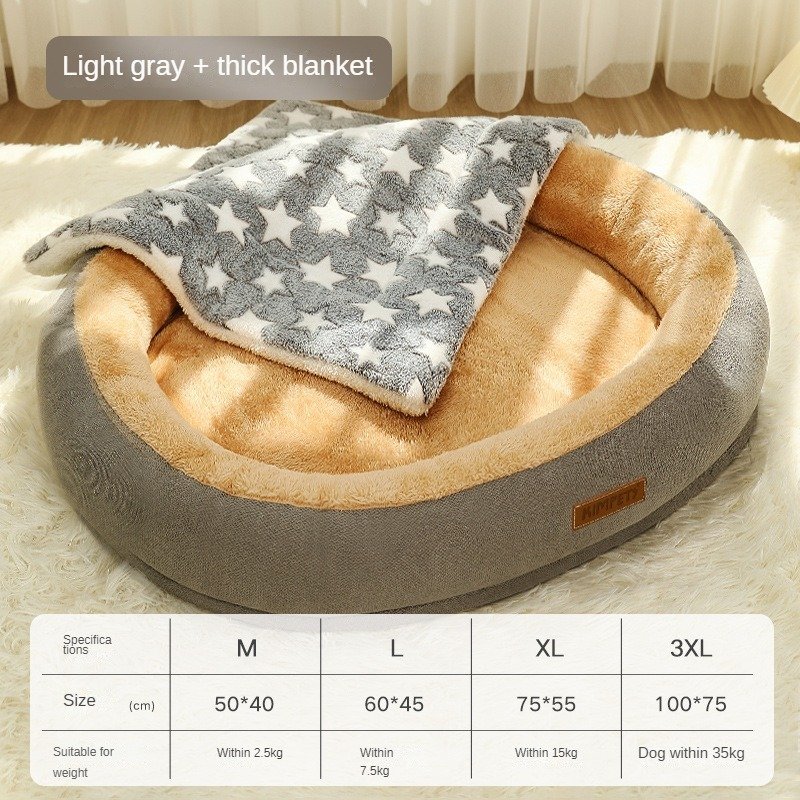 Cama gris con manta para perros redonda muy suave