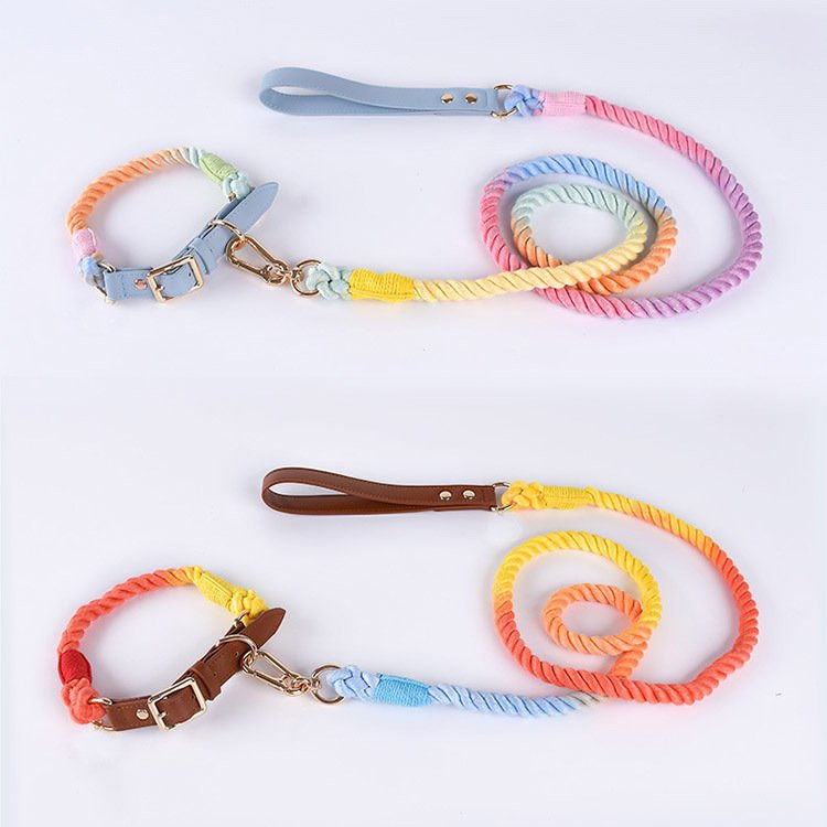 collar-correa-algodon-colores-raijuu-69.jpg Dos collares y correas de algodón en dos colores gradientes de varios colores, rosa, azul, amarillo, naranja...